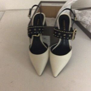 Charles & Keith White Pointed Slingback Pumps with Black Studded Strap